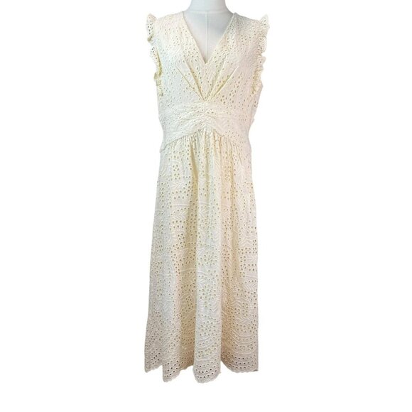 Maggy London Ivory Eyelet Midi Dress Size 12 – Sleeveless Fit & Flare - Picture 1 of 11